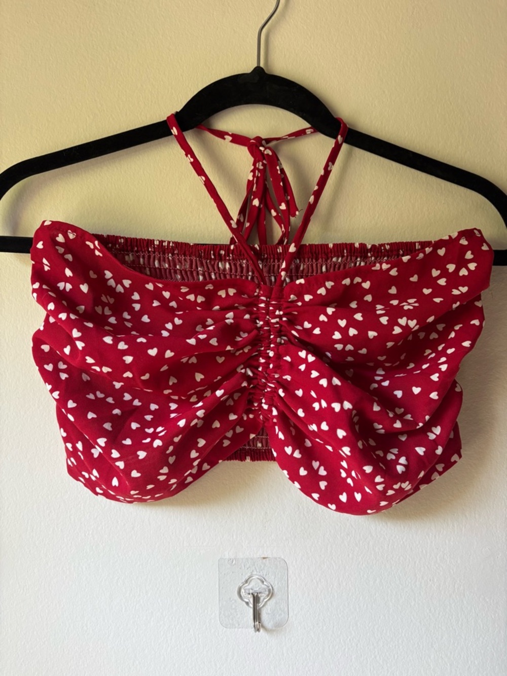 Red and White Heart Print Ruched Tie-Back Crop Top